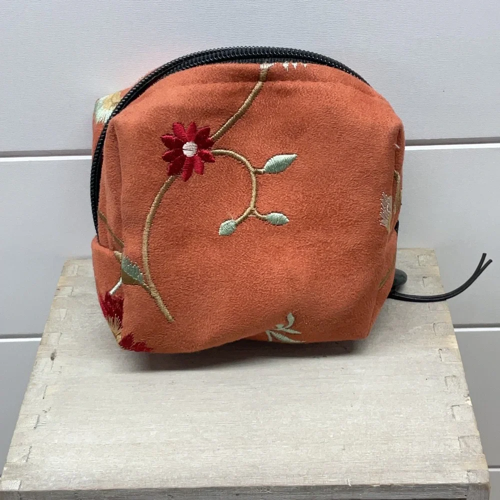 Sally Spicer San Francisco Burnt Orange Floral Embroidered Faux Suede Pouch Bag